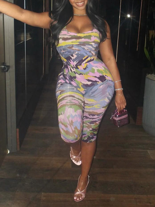 Printed Sleeveless Bodysuit & Capri Pants Set