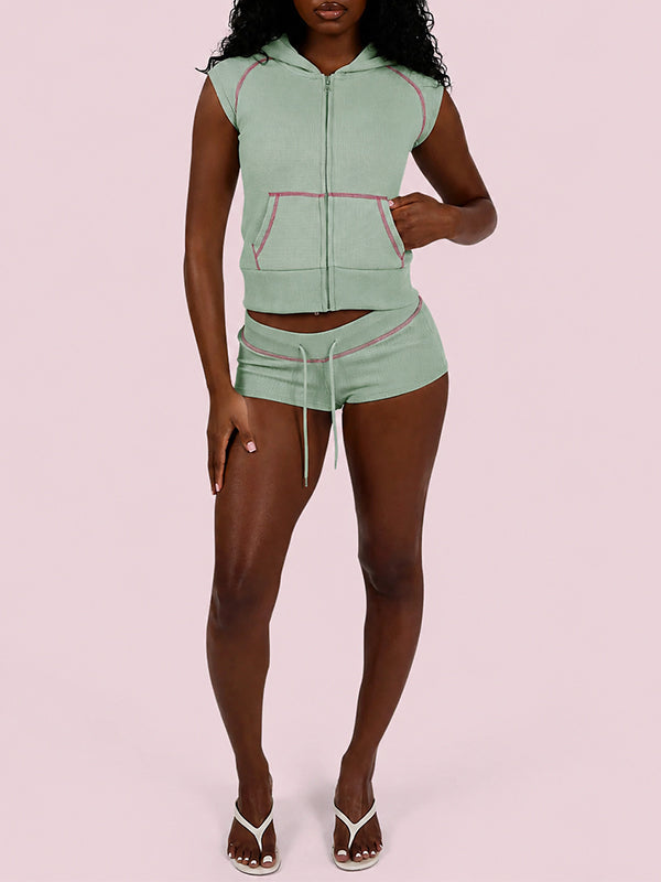 Waffle Zip-Front Hoodie & Shorts Set