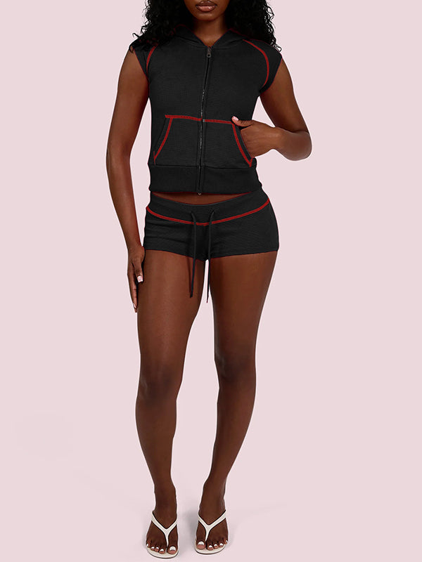 Waffle Zip-Front Hoodie & Shorts Set