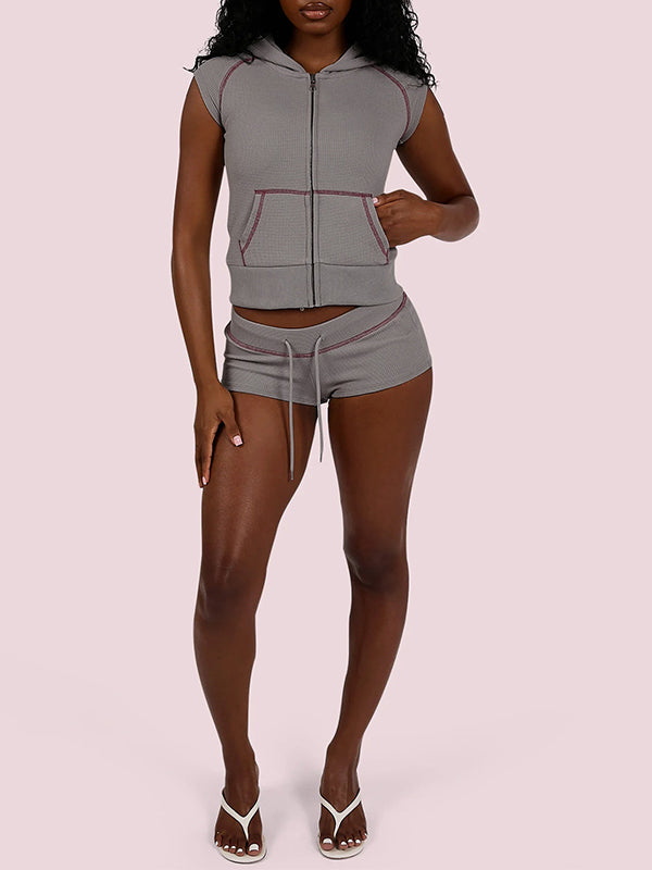 Waffle Zip-Front Hoodie & Shorts Set
