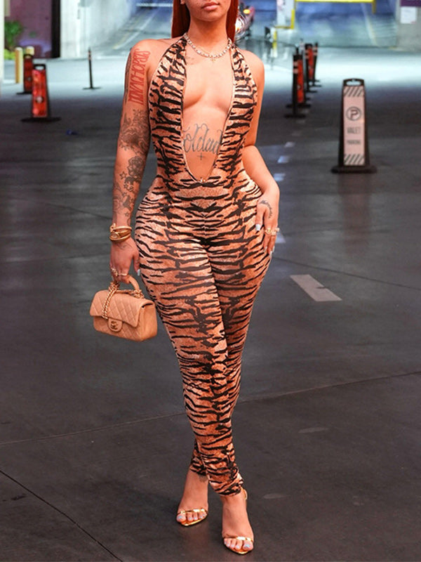 Printed Plunge Halter Jumpsuit