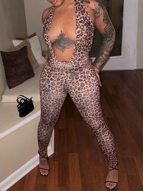 Printed Plunge Halter Jumpsuit