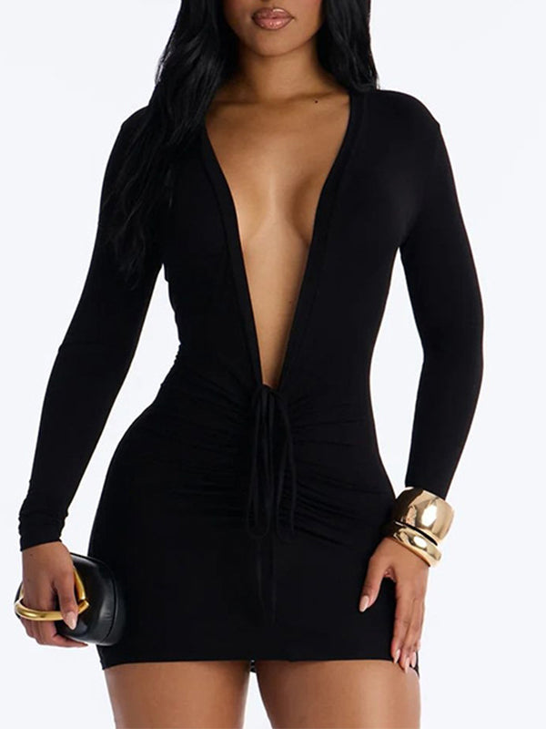 Solid Plunge Drawstring Bodycon Dress