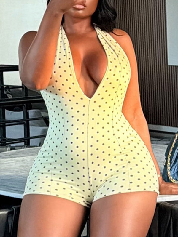 Dot V-Neck Halter Romper