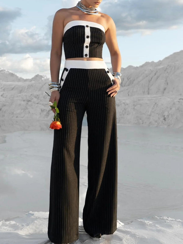 Stripe Tube Top & Wide-Leg Pants Set