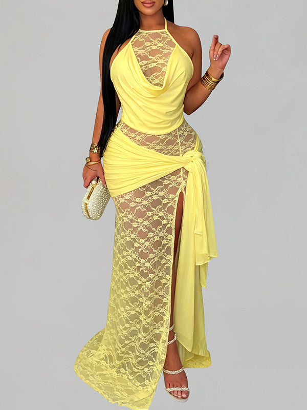 Lace Combo Slit Halter Dress
