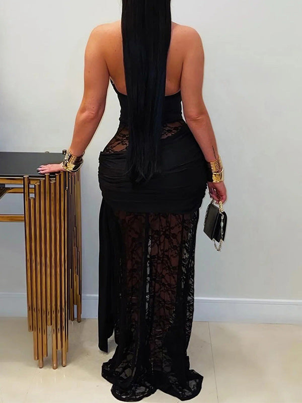 Lace Combo Slit Halter Dress