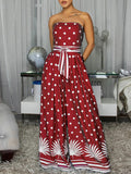 Dot Tied Wide-Leg Strapless Jumpsuit