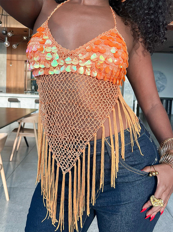 Sequin Fringe Mesh Halter Top
