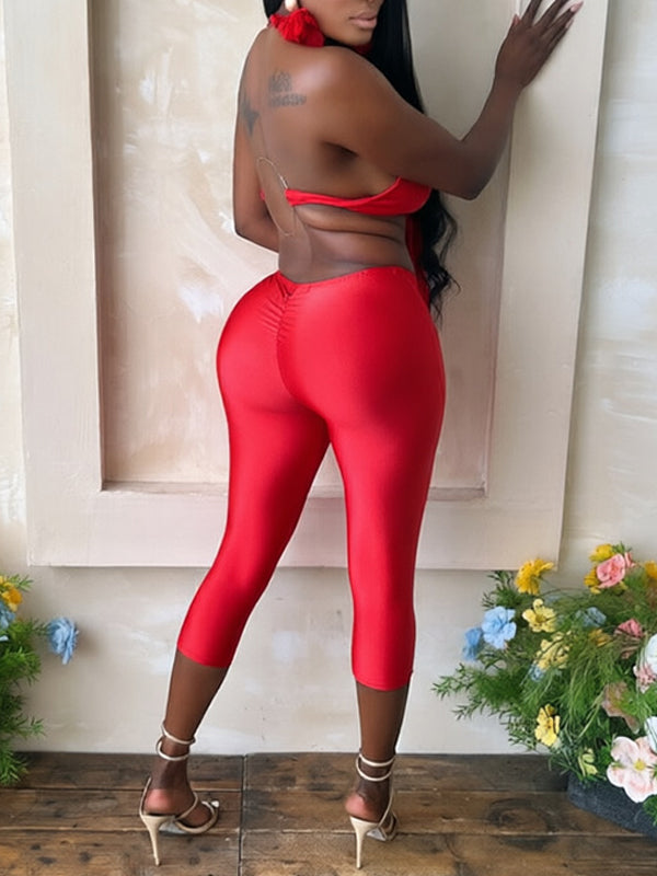 Tied Cutout Halter Top & Capri Pants Set