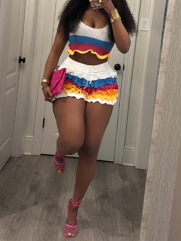 Crotchet Halter Top & Frilled Shorts Set