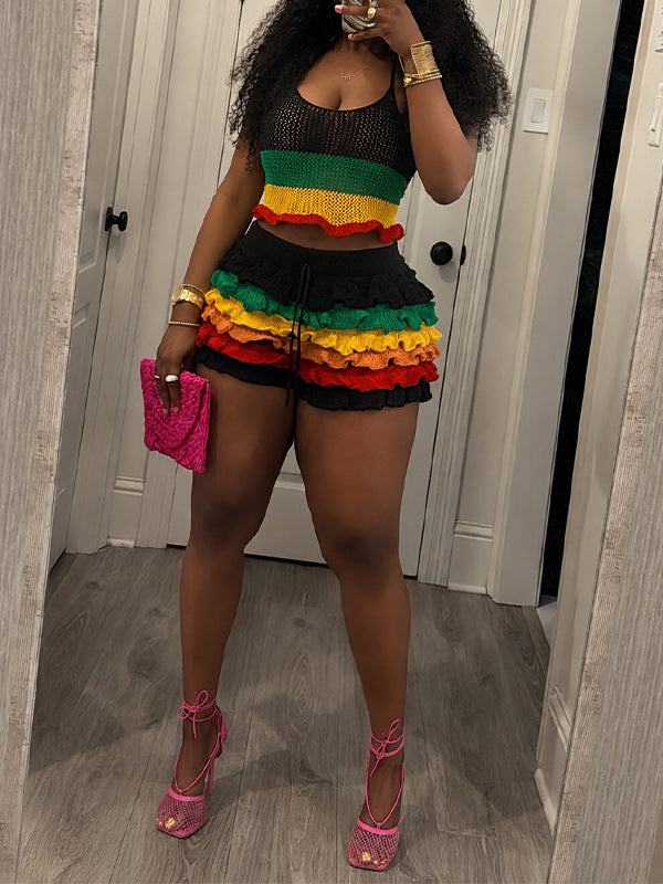 Crotchet Halter Top & Frilled Shorts Set