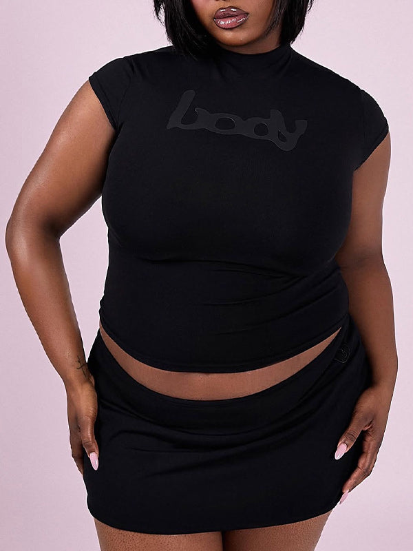 Letter-Print Mock-Neck Tee & Skirt Set