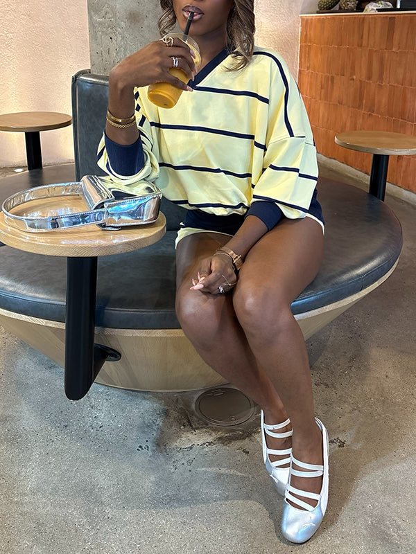 Stripe V-Neck Top & Shorts Set
