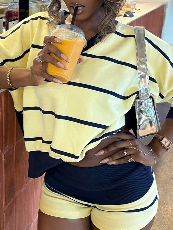 Stripe V-Neck Top & Shorts Set