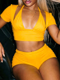 Solid Halter 3PC Shorts Set