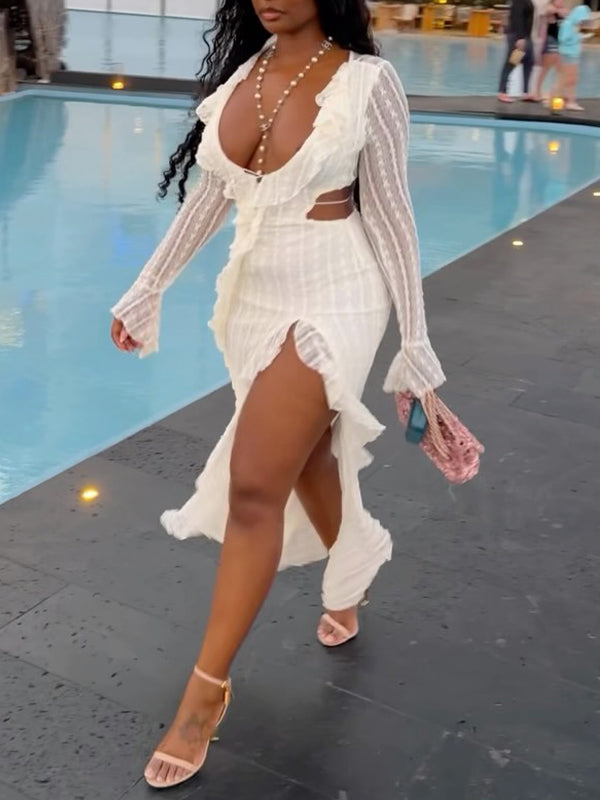 V-Neck Cutout Slit Ruffle Dress
