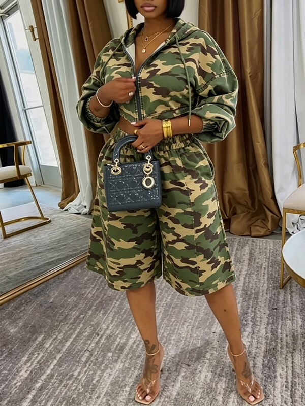 Camo Zip-Front Hoodie & Capri Pants Set