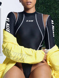 Letter-Print Sheer-Combo Bodysuit