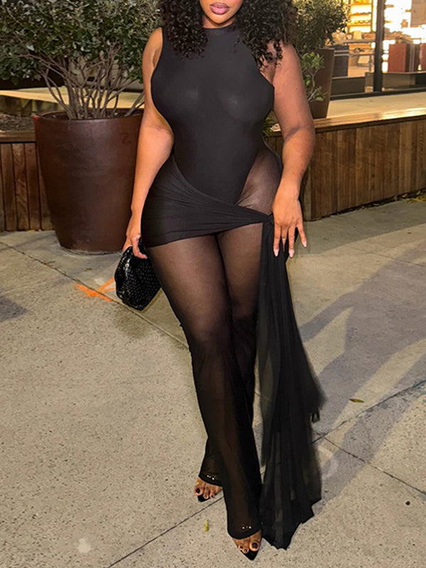 Sheer-Combo Sleeveless Jumpsuit