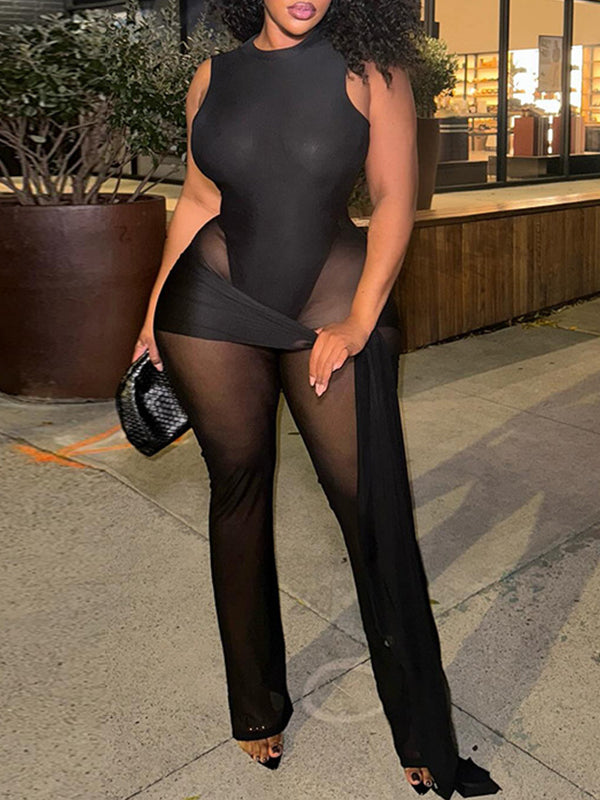 Sheer-Combo Sleeveless Jumpsuit