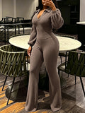 Ribbed Puff-Sleeve Polo Top & Pants Set