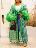 Printed Puff-Sleeve Tied Duster