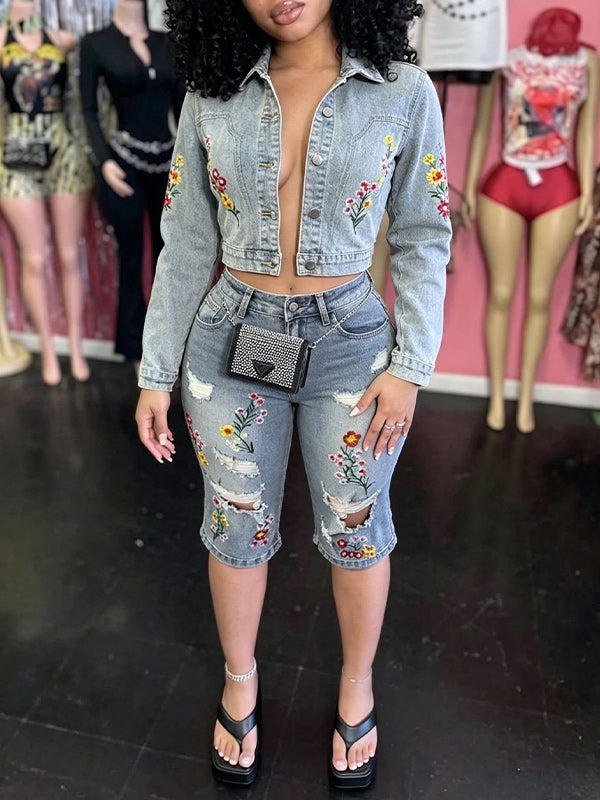 Embroidered Denim Jacket & Bermuda Shorts Set