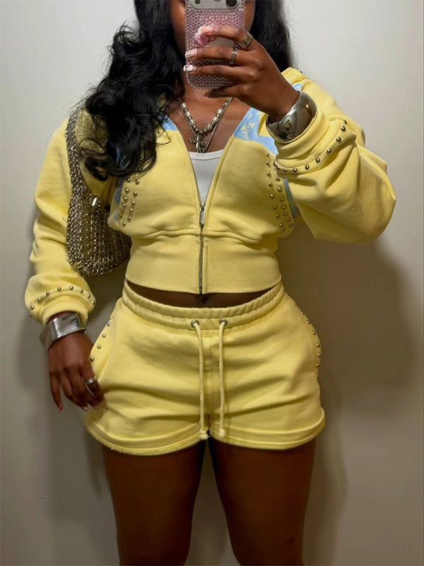 Studded Zip-Front Hoodie & Shorts Set