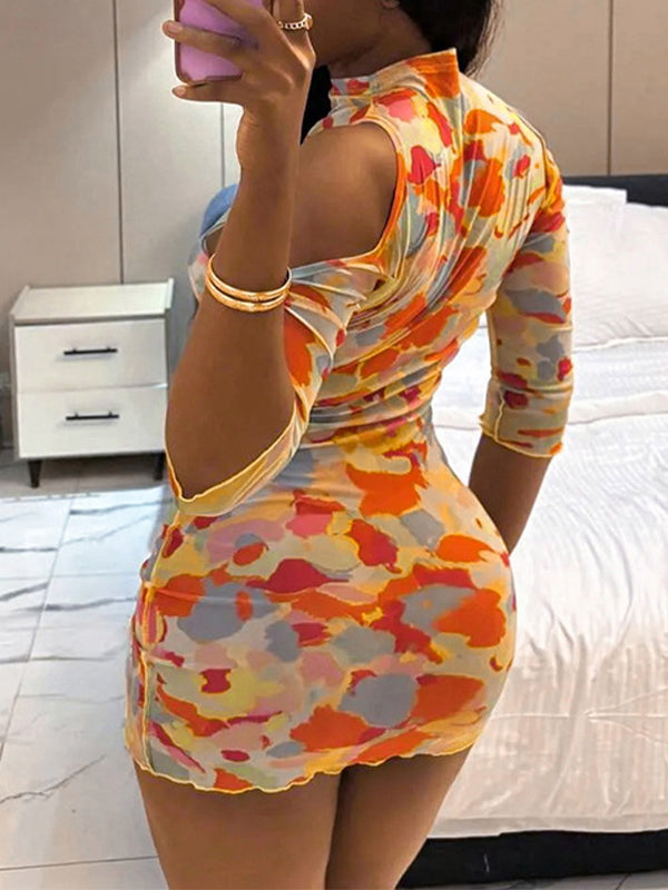 Printed Cold-Shoulder Lace-Up Dress