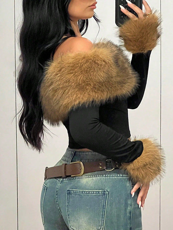 Faux-Fur Combo Off-Shoulder Top