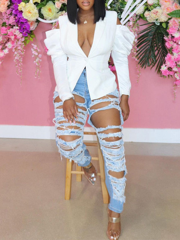 Cold-Shoulder Puff-Sleeve Blazer