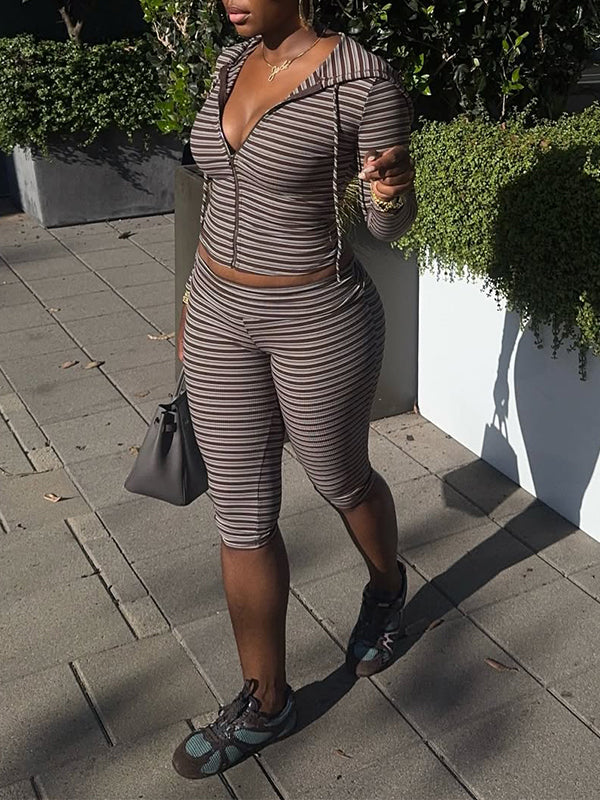 Stripe Zip-Front Hoodie & Capri Pants Set