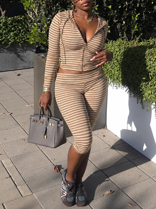 Stripe Zip-Front Hoodie & Capri Pants Set