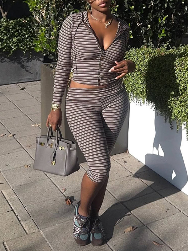 Stripe Zip-Front Hoodie & Capri Pants Set