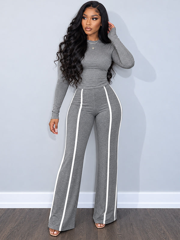 Solid Top & Striped Pants Set