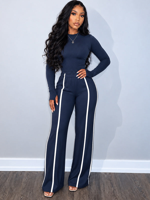 Solid Top & Striped Pants Set