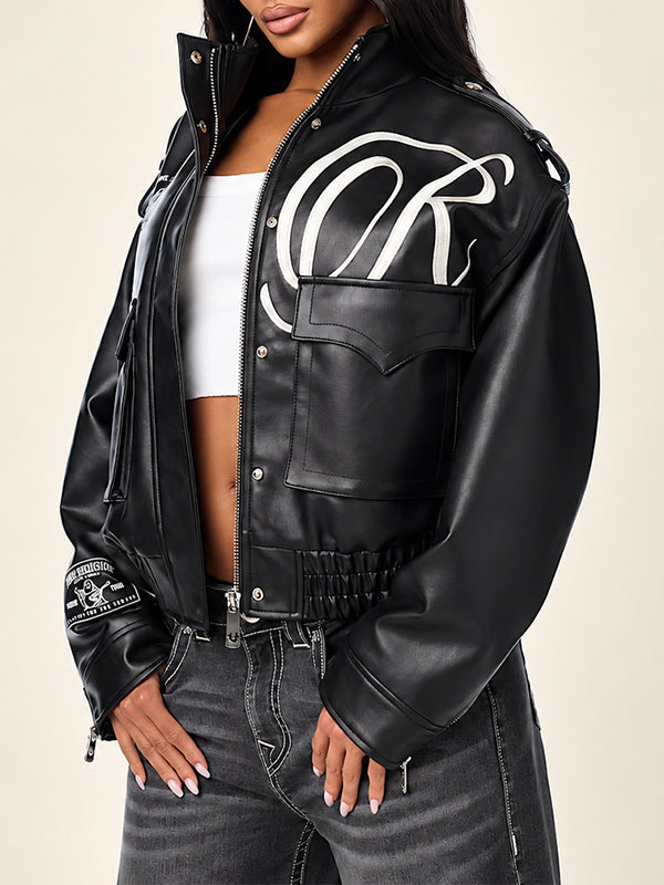 Embroidered Faux-Leather Jacket