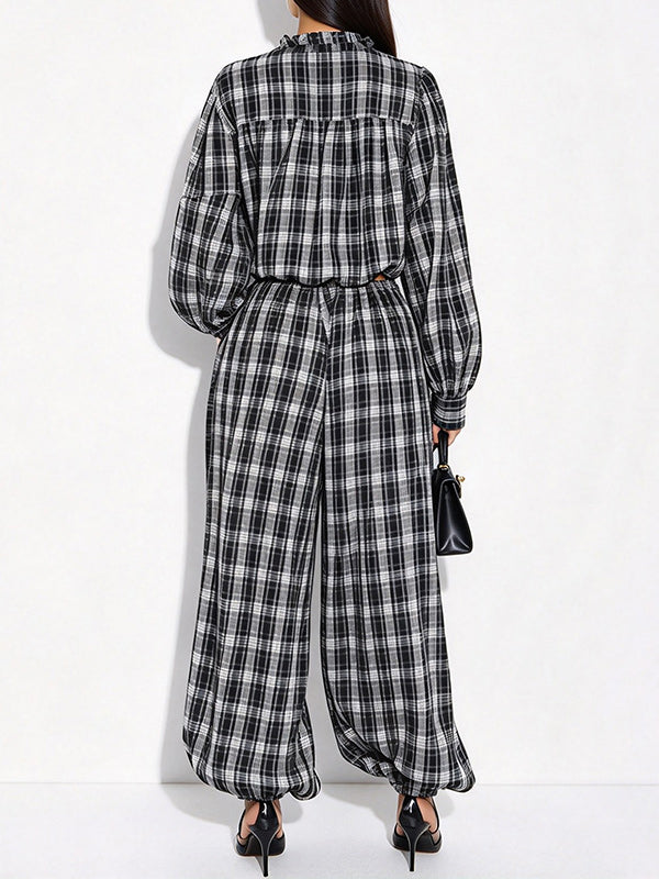 Plaid Mock-Neck Top & Jogger Pants Set