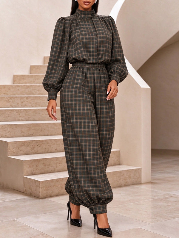 Plaid Mock-Neck Top & Jogger Pants Set
