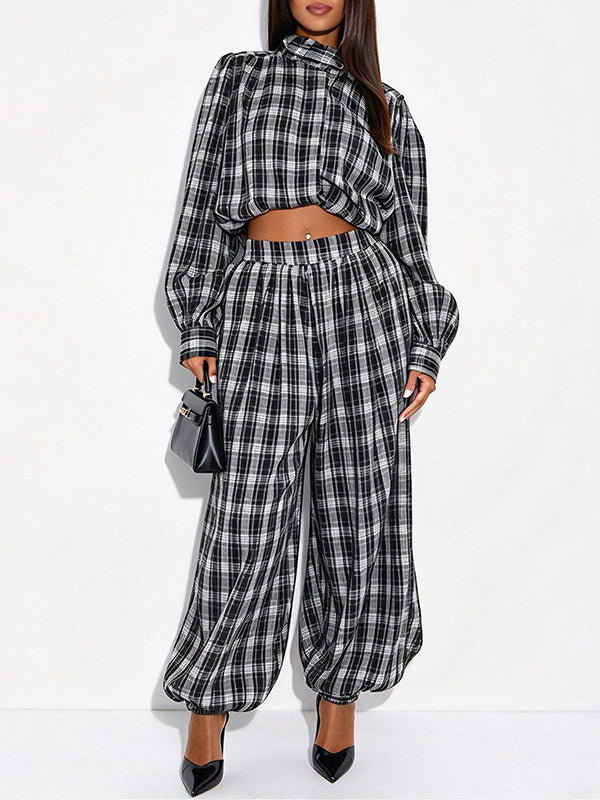 Plaid Mock-Neck Top & Jogger Pants Set