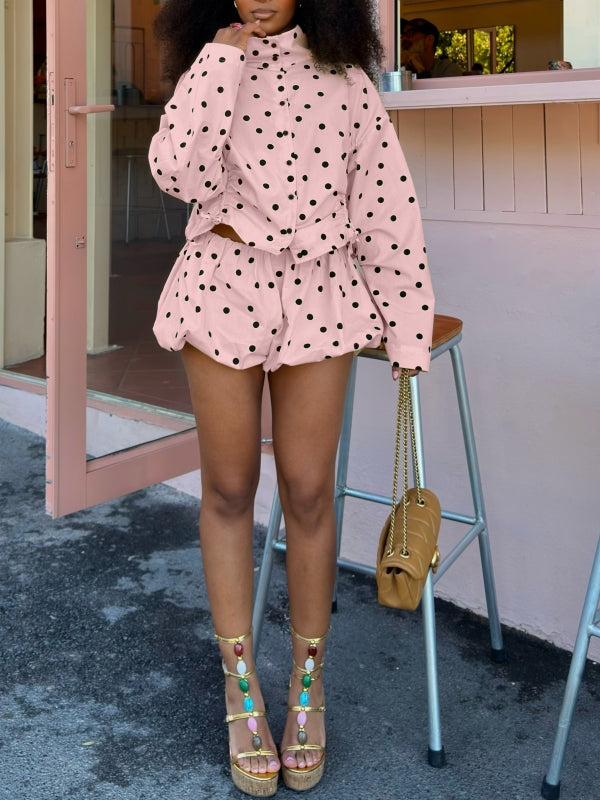 Polka Dot Drawstring Jacket & Bubble Shorts Set