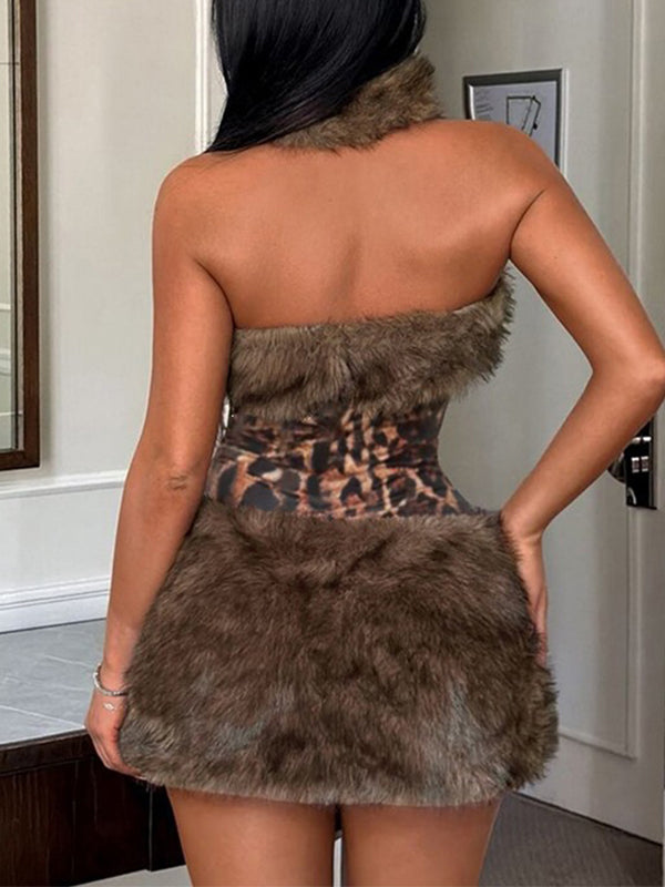 Faux-Fur Combo Leopard Dress