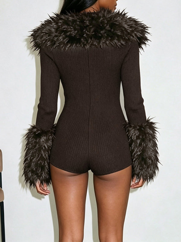 Faux-Fur Combo Zip-Front Romper