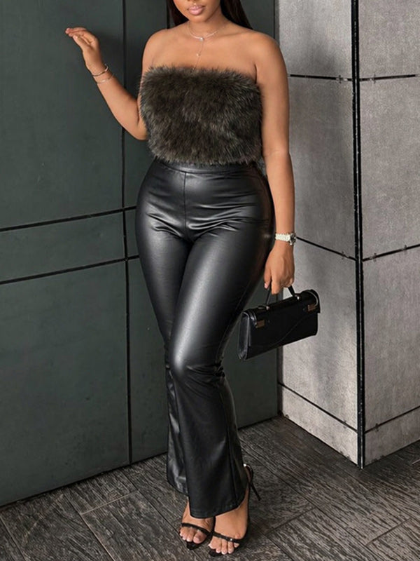 Faux-Fur Combo Strapless Jumpsuit