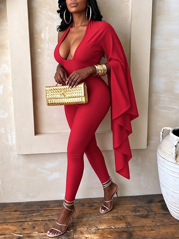 V-Neck One-Shoulder Cape Jumpsuit