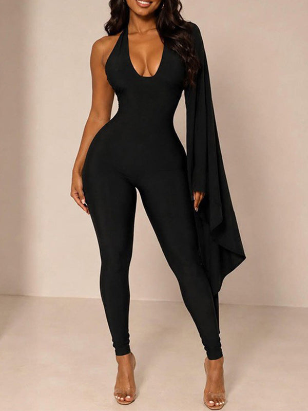 V-Neck One-Shoulder Cape Jumpsuit