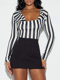 Stripe-Combo Cowl-Neck Dress
