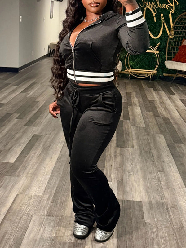Contrast Velvet Zip-Front Hoodie & Pants Set