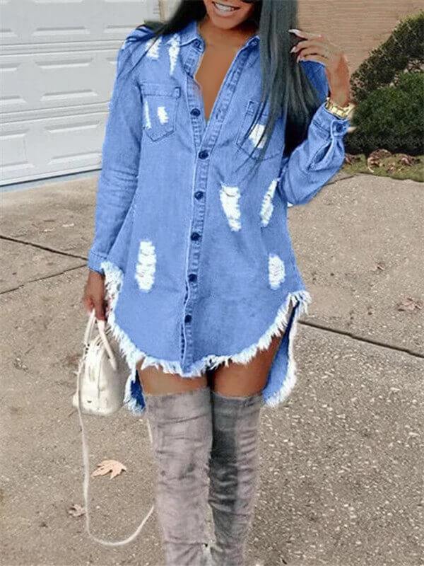 Distressed Denim Shirt Dress Blue